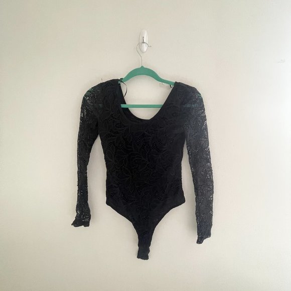 Sheer Floral Long Sleeve Bodysuit, BLACK, S - Picture 1 of 3
